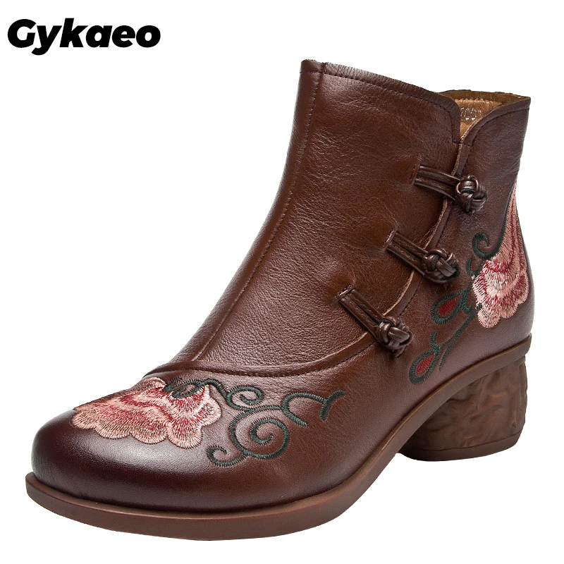

Gykaeo Female Med Heels Cowhide Winter Boots Women Embroider Genuine Leather Warm Shoes Woman Ankle Botas Mujer Invierno 2022