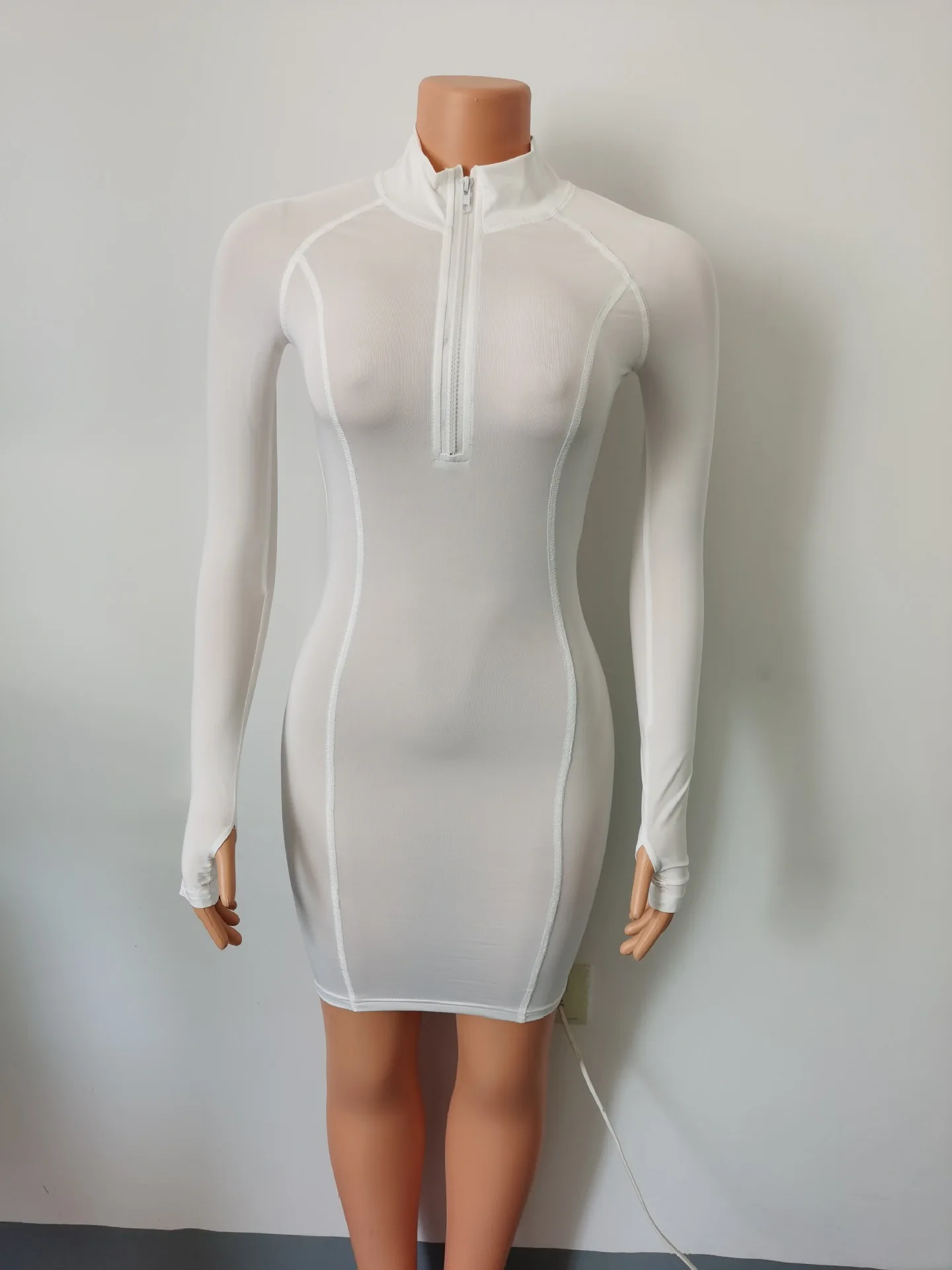 

Adogirl Solid Bodycon Women Package Hip Dress Sexy Zipper Long Sleeve Ftont Zipper Tight Club Party Dresses 2021 Spring Clothing