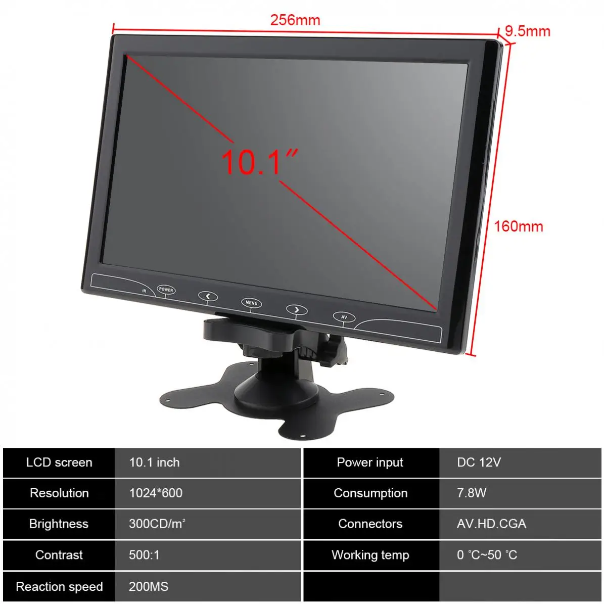 10,1 дюймов 16:9 HD 1024*600 TFT lcd цветной автомобильный монитор заднего вида 2 видео вход DVD VCD подголовник Поддержка аудио видео HDMI VGA