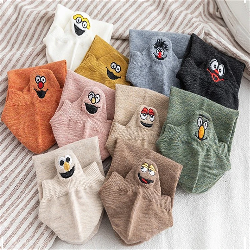 3PAIRS Kawaii Embroidered Expression Women Socks Happy Fashion Ankle Funny Socks Women Cotton Summer Candy Color