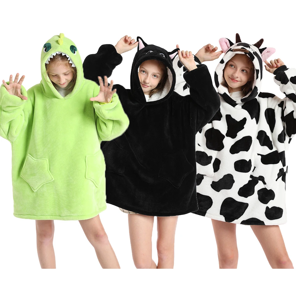 

Children's Cartoon Printed Pullover Hooded Winter Warm Kids Blanket Outdoor Polar Fleece Warm Toddler Girls Cold Clothing