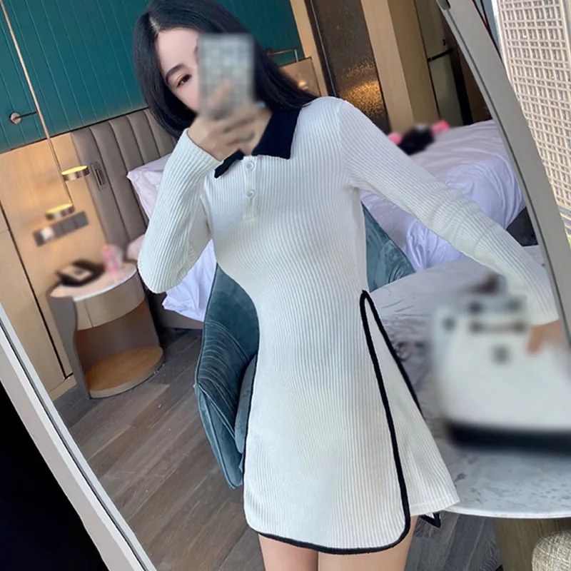 

Women's Lapel Color Contrast Sexy Slim Casual Long Sleeve Dress 2021