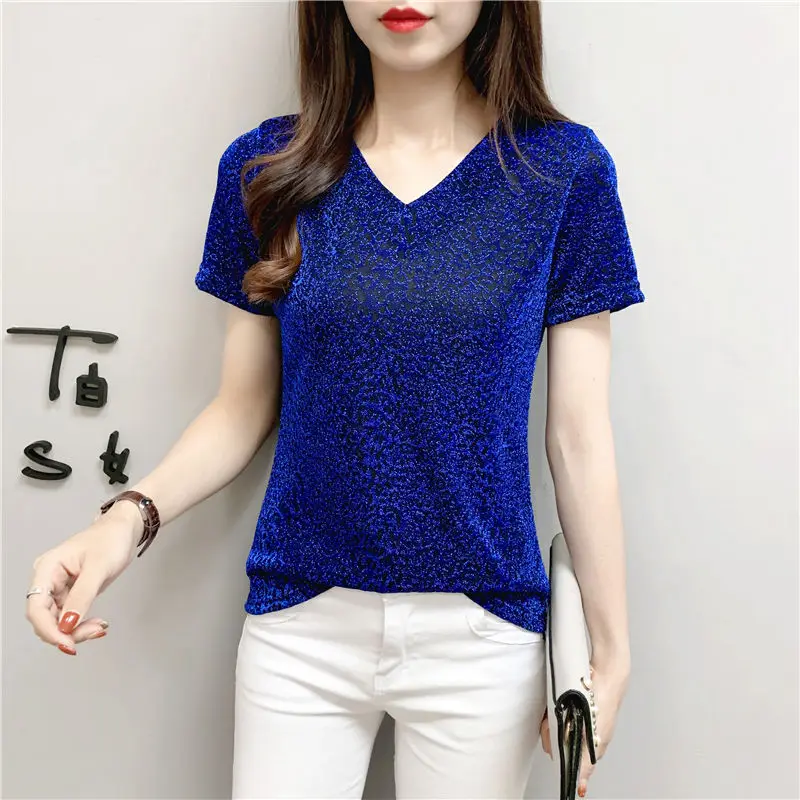 

Fashionable mesh blouse summer 2021 new short sleeve slim V-neck blouse summer