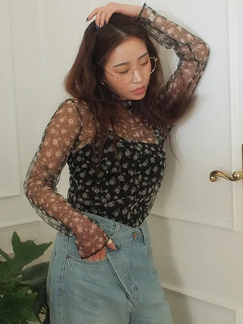 Корейская шикарная винтажная пикантная футболка с цветочным принтом и длинным