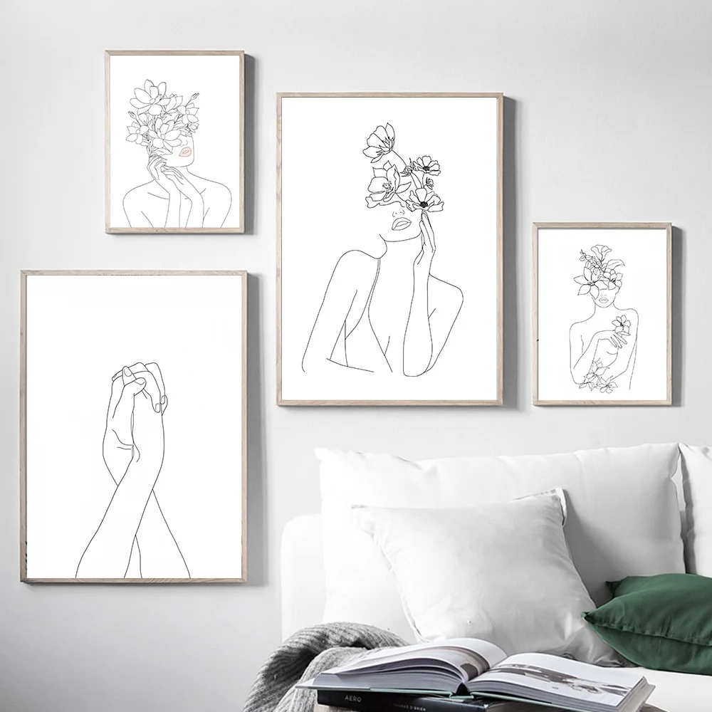 

Line Woman Face with Flowers Posters and Prints Wall Art Canvas Painting Home Decor Nordic Poster Minimalist Style Line Draw