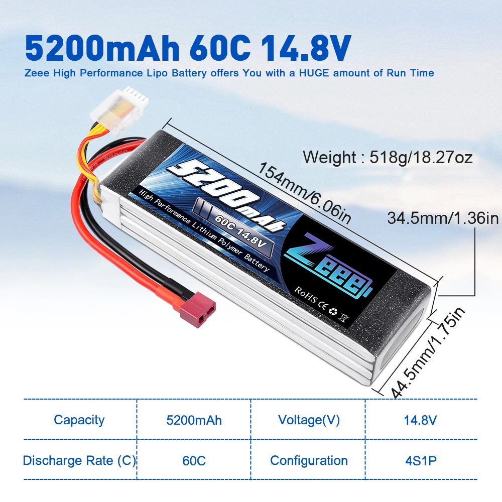 Zeee 14 8 V 5200mAh 60C 4S Lipo батарея с разъемом Deans для радиоуправляемого вертолета