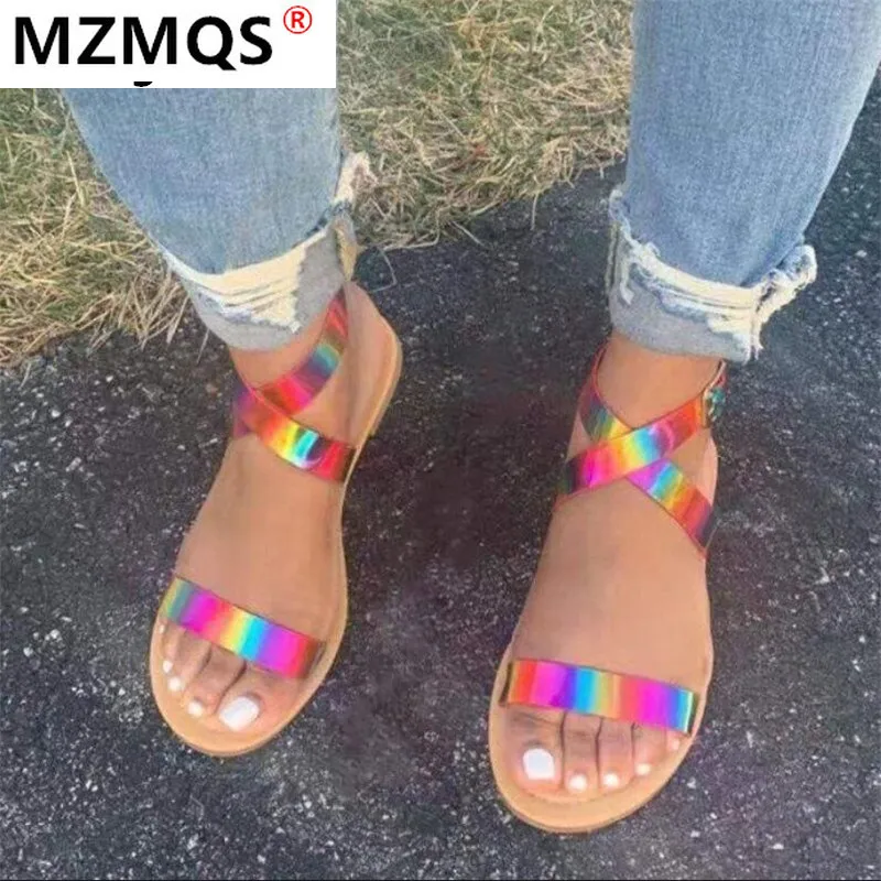 

Rome Women Sandals 2021 Summer New Open Toe Mixed Colors Soft Sole Femmes Shoes Fashion Non-slip Buckle Strap Flats Women Shoes