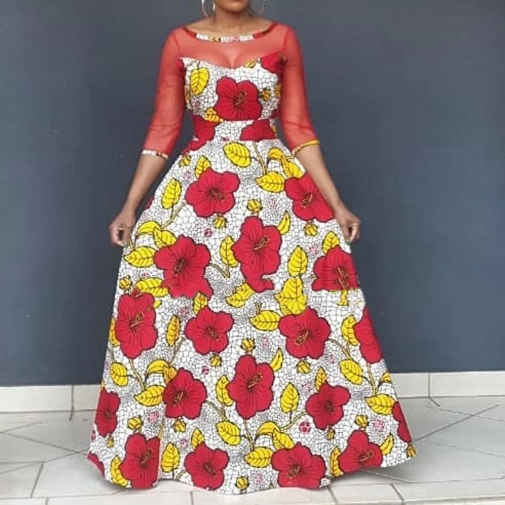 Женское Свободное платье с длинными рукавами и цветочным принтом круглым