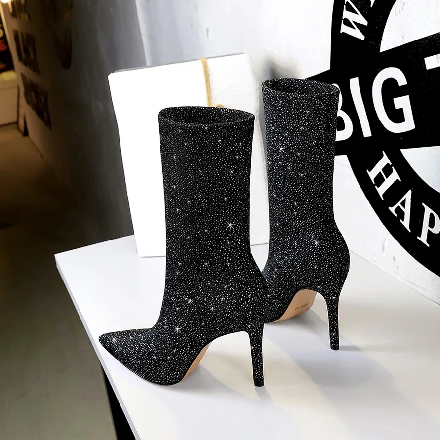 BIGTREE Boots Autumn New Sequin Cloth Women Ankle Boots Pointed Toe High-heel Boots Sexy Short Boots Thin With Party Ladies Shoe