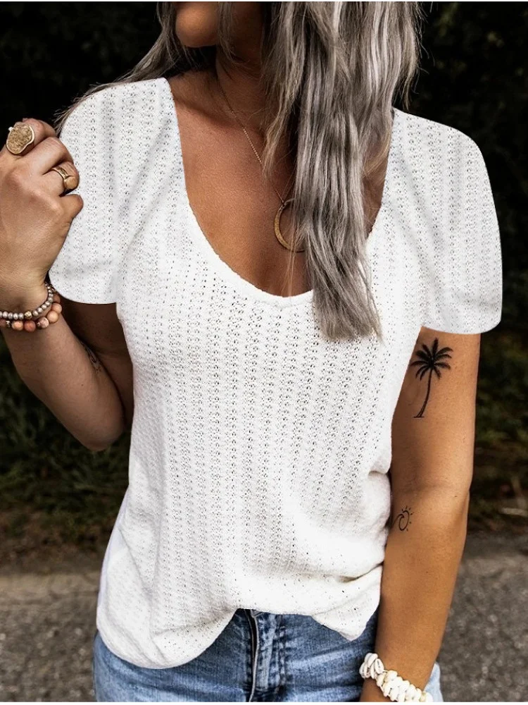 

2021 Summer Women T Shirts Ladies Solid Color V Neck Sexy Knitted Cloth Casual Top Stitching Short Sleeve Pullover Chemise Tees