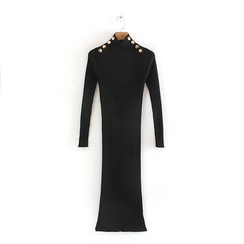 Звездный Светлячок, модное одноцветное длинное платье для женщин, осень и зима, повседневное тонкое вязаное платье с высоким воротником и пуговицами