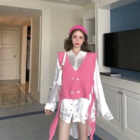 2 pieces women tops suits pink knitted vest and long sleeve single button solid white blouse fashion new tops jacket hot selling
