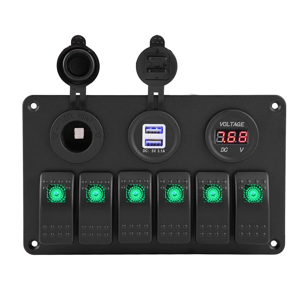 

Dropshipping Switch Panel 12V 24V 6 Gang Car Boat LED Rocker Switch Panel Dual USB Voltmeter Cigarette Lighter Switch Panels