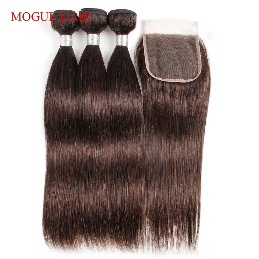 Color 2 Dark Brown Hair Bundles with 4x4 Lace Closure Free Part Straight Remy Human Hair Extension 10-24 inch MOGUL HAIR