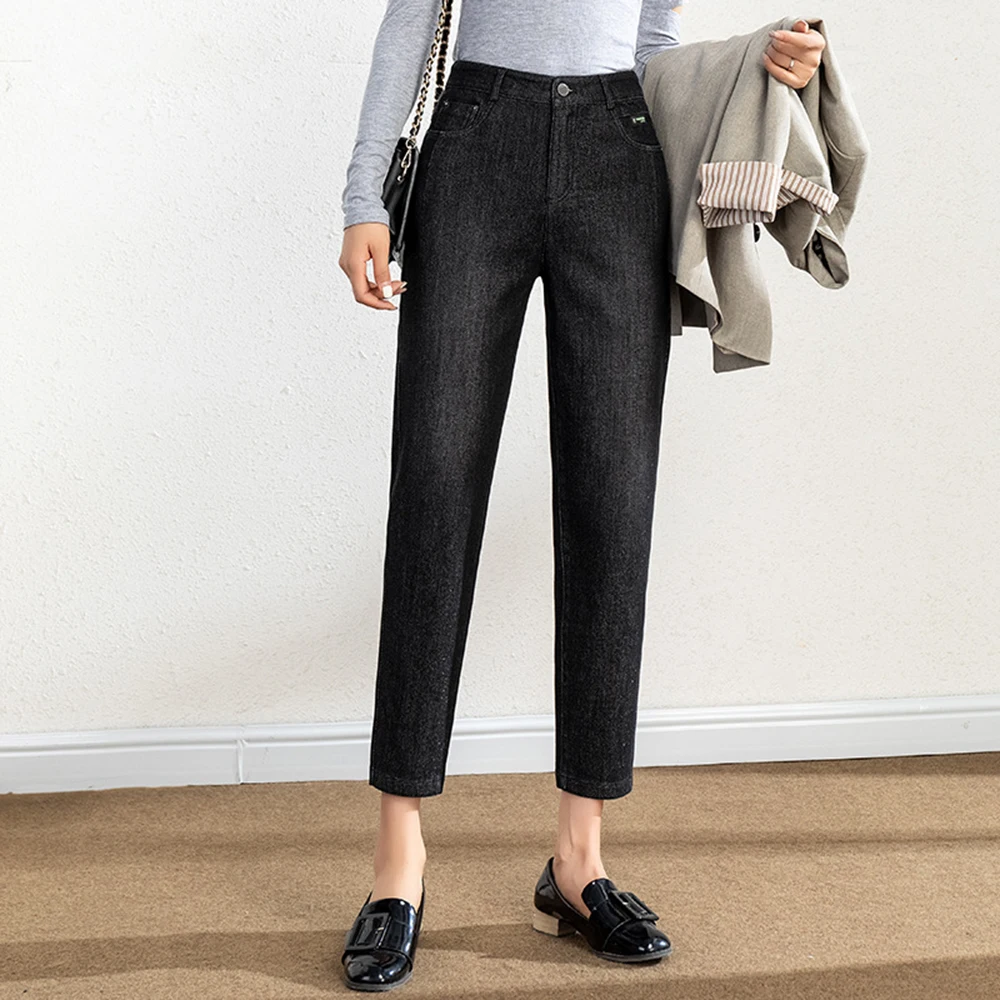 Укороченные женские джинсы с высокой талией однотонные черные свободные оптовая