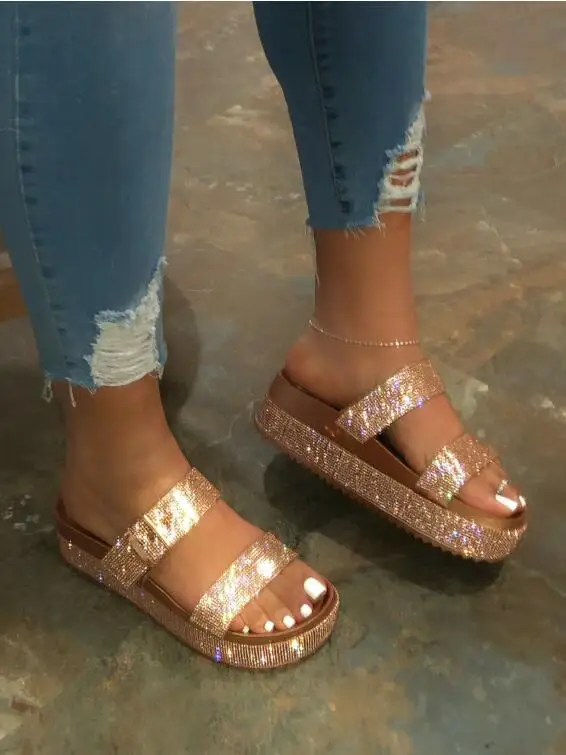 

2020 Spring/summer women double-layer rhinestone buckle sandals outside wild beach slippers ladies leisure home travel flip flop