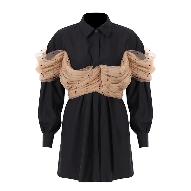 

Women Black Mesh Pleated Bandage Dot Shirt Dress New Lapel Long Sleeve Loose Fit Fashion Tide Spring Autumn 2021 E926