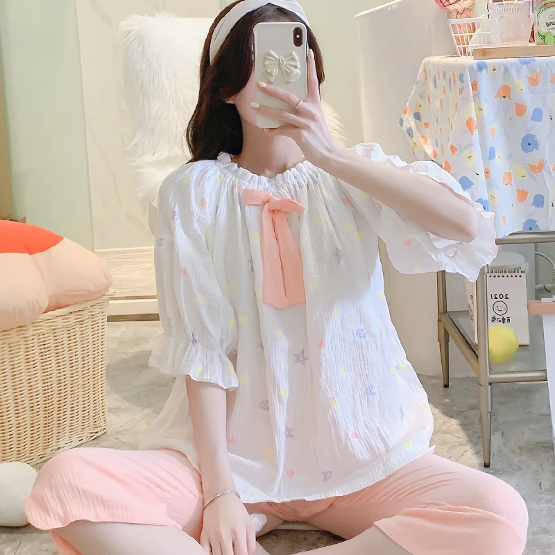 

100% Cotton Thin Light Gauze Maternity Nursing Sleepwear Sets Summer Loose Belly Pajamas Suits Clothes for Pregnant Women Home