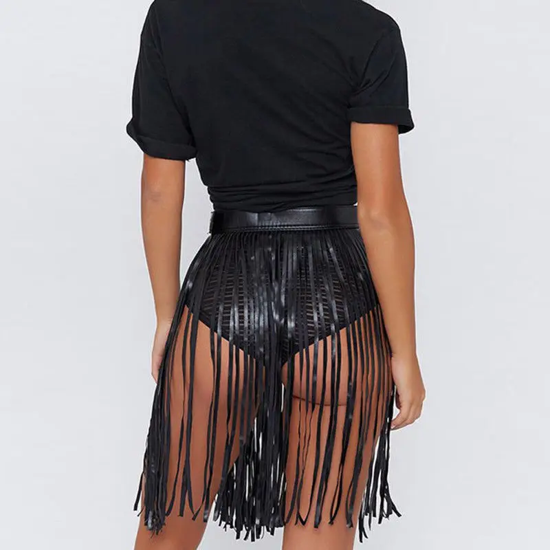 

Sexy Women Faux Leather Tassel Fringe High Waist Summer Dance Party Short Skirt