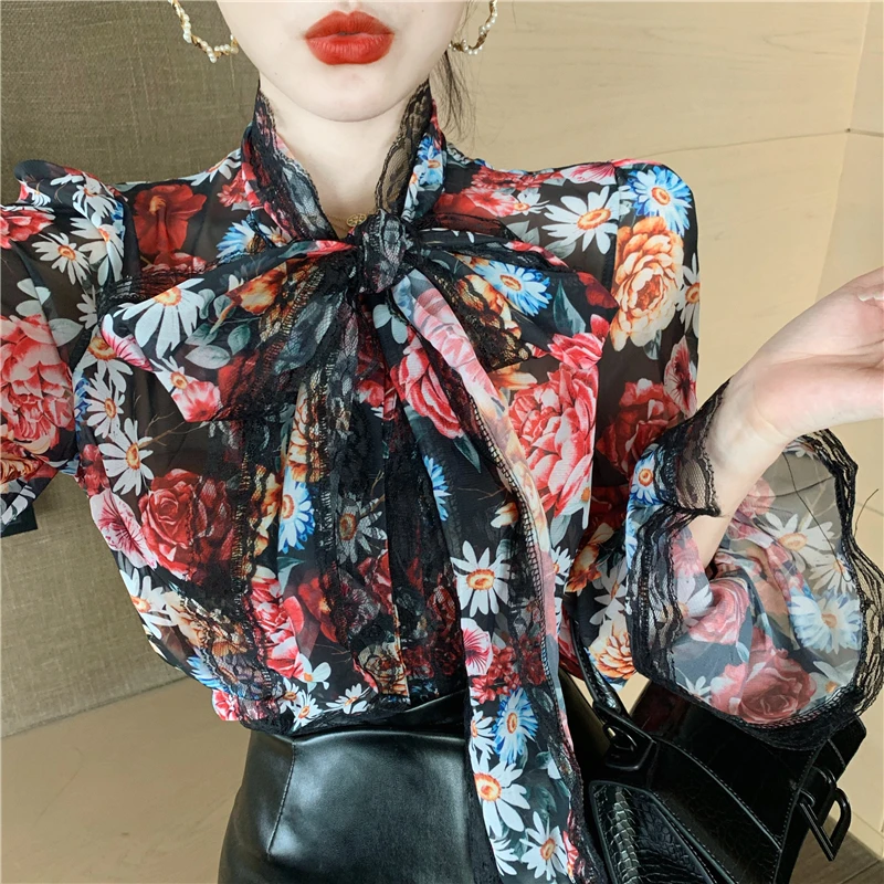 

Korean-style Chic Retro Shirt Lace Bowtie Collar Floral Printed Women Chiffon Blouse Ladies Summer Tops Chemise Blusa Mujer
