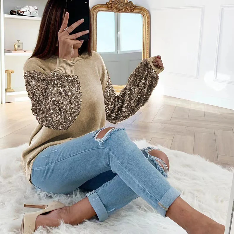 

Fashion Lady Solid Casual O-Neck Pullover TopsSequins Patchwork Long Sleeve Sweater Autumn Winter Women Elegant Knitwear Jumper