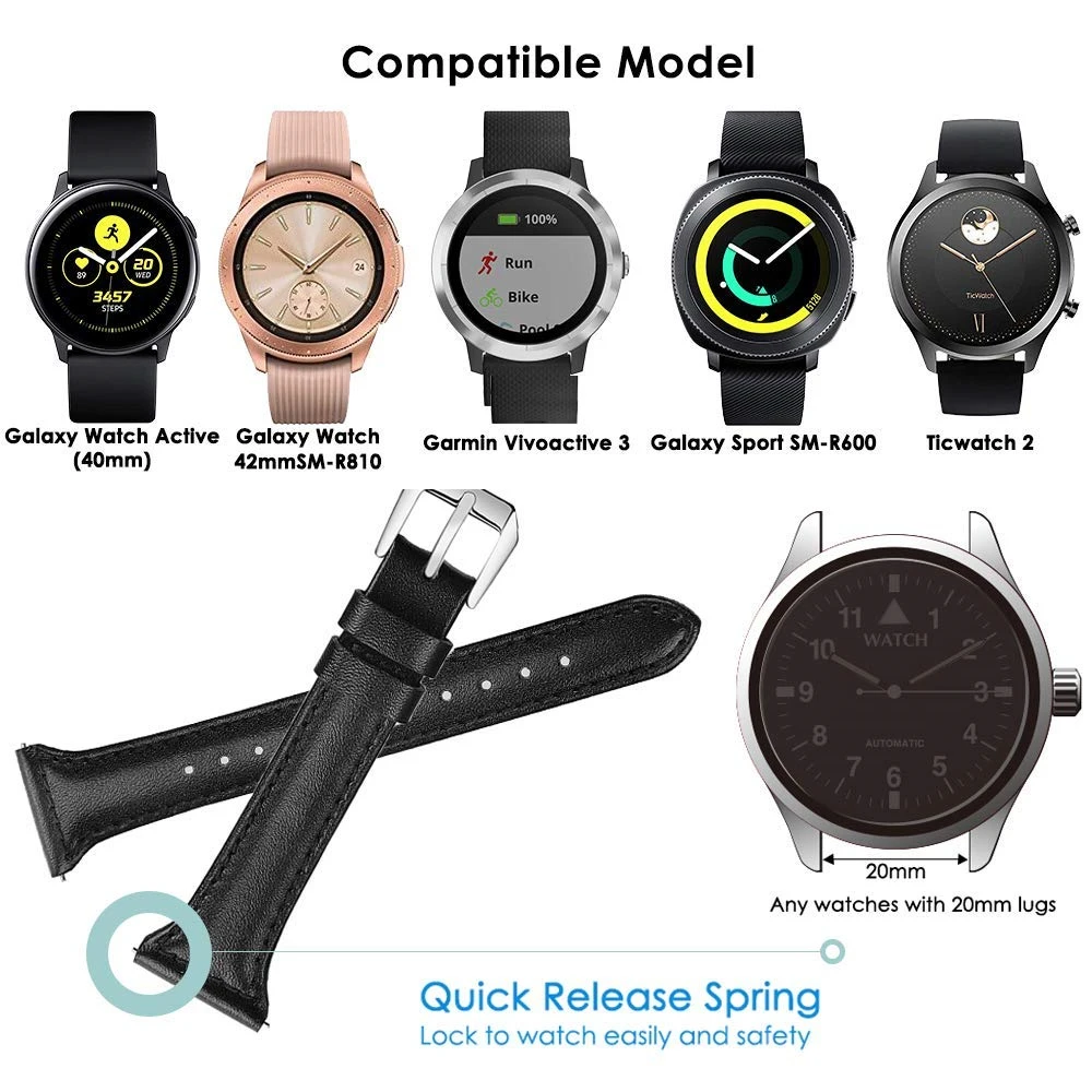 

20mm Slim Genuine leather Bands Compatible for Samsung Galaxy Watch Active / Active 2 44mm 40mm Band and Galaxy Watch 42mm Strap