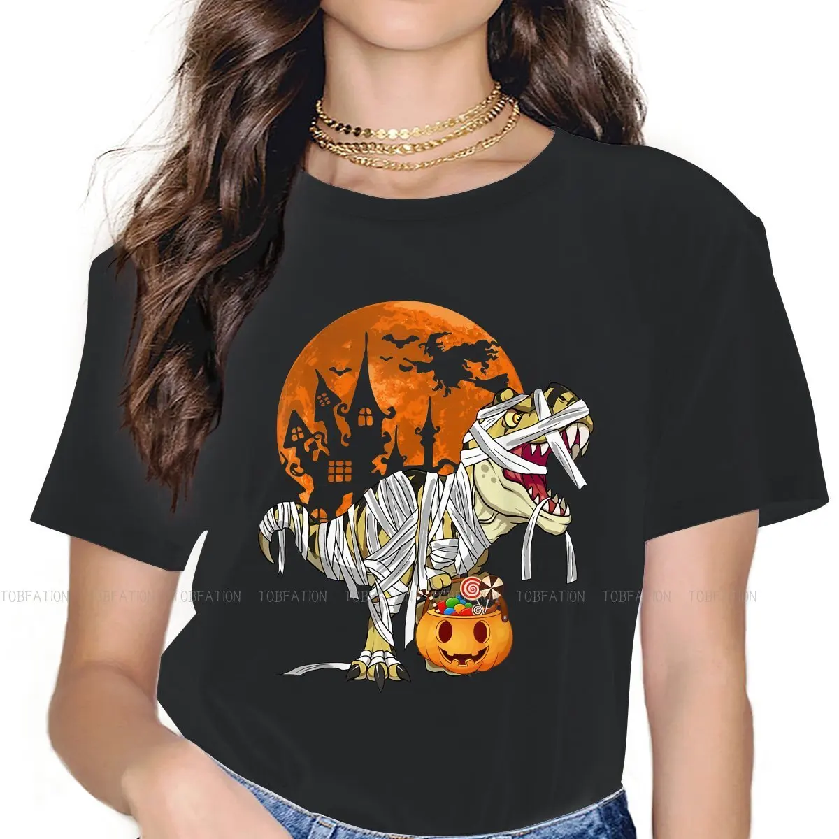 

Футболка женская хлопковая с рисунком, топ с рисунком мамы Рекса, тыквы, скелета, динозавра, для Хэллоуина, 4XL