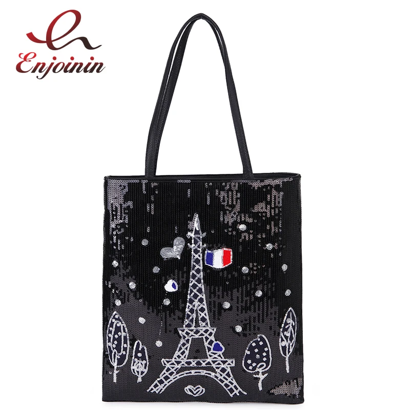 Дизайнерская черная сумка-тоут из искусственной кожи с пайетками Парижская