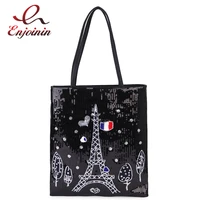 sequined paris tower design black pu leather tote bag shoulder bag for women 2021 casual shopping bag ladies purse and handbags