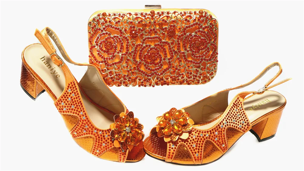 

Italian Design Nigerian Special Phoenix Shape Metal Decoration Style Party Women Shoes and Bag Set With Platform in Orgnge Color