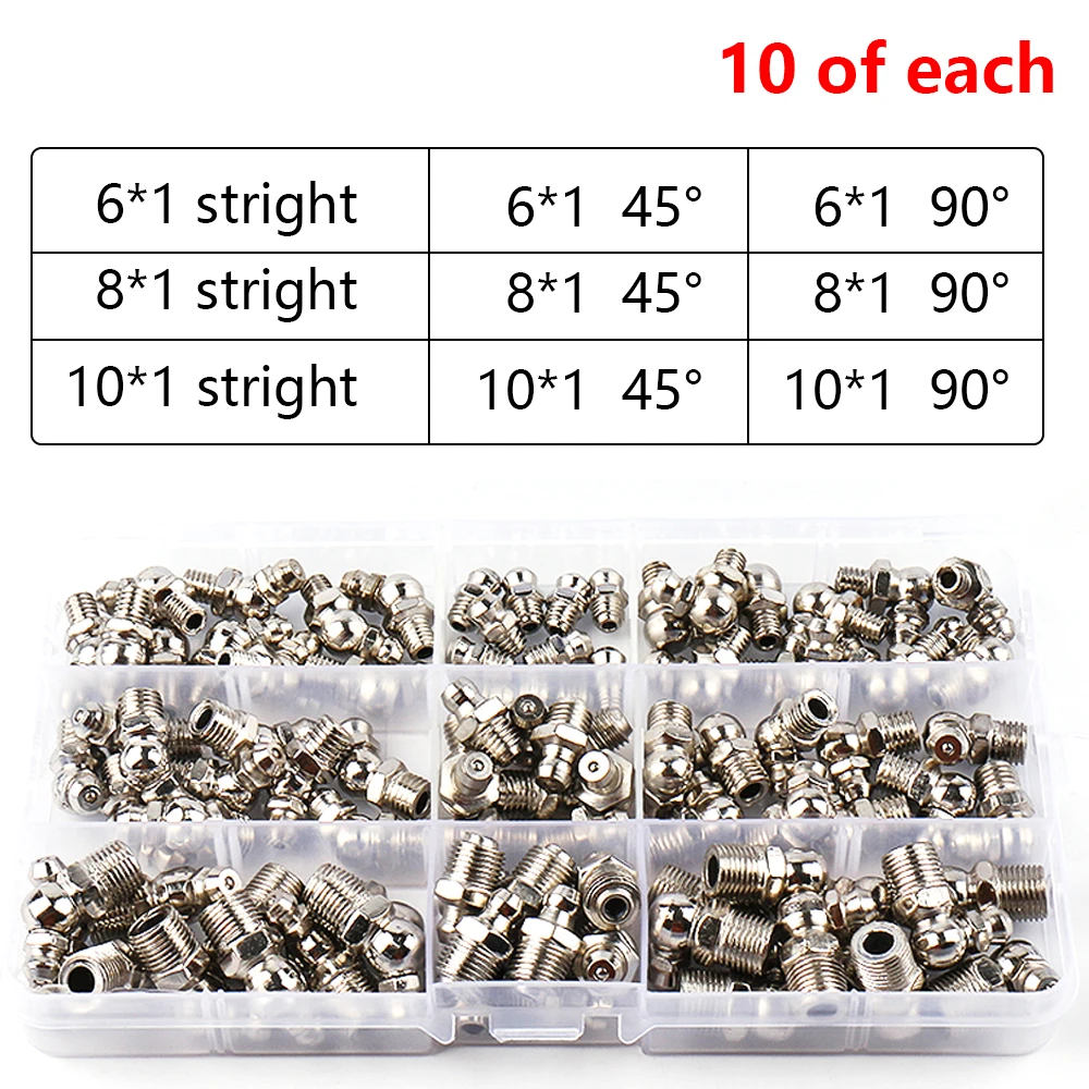 

90Pcs Metric Size M6 M8 M10 Steel Zerk Grease Nipple Fitting Kits 90 Degree and 45 Degree and Straight Grease Zerk Nipple Kit