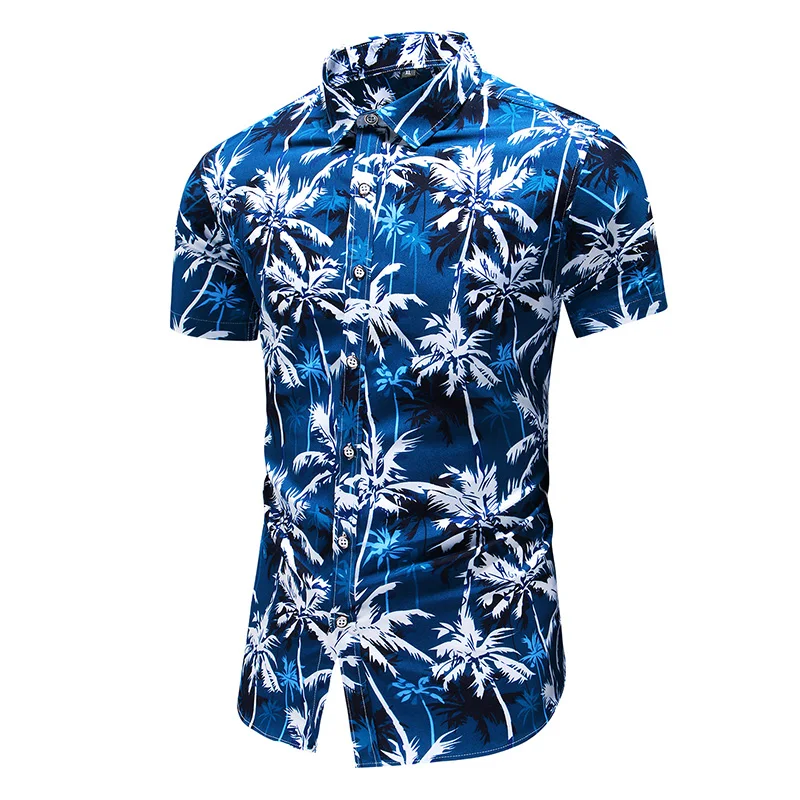 

Гавайская приталенная рубашка для мужчин, модная Повседневная Блузка с коротким рукавом и цветочным принтом, Мужская брендовая одежда, пар...