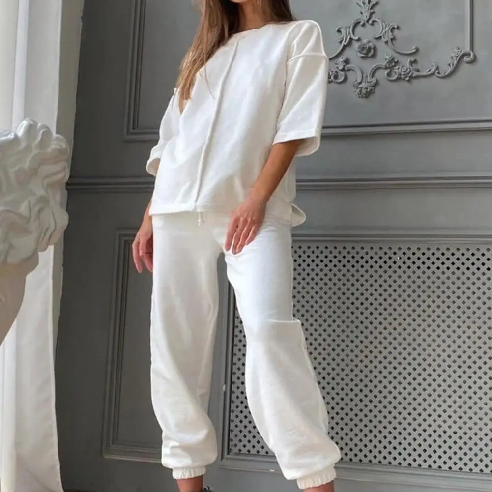 

Women Pant Sets Loose Tracksuit Solid Color Ankle Tied Sport Suit Three-quarter Sleeves Drawstring Sweat Suit Casual Sets