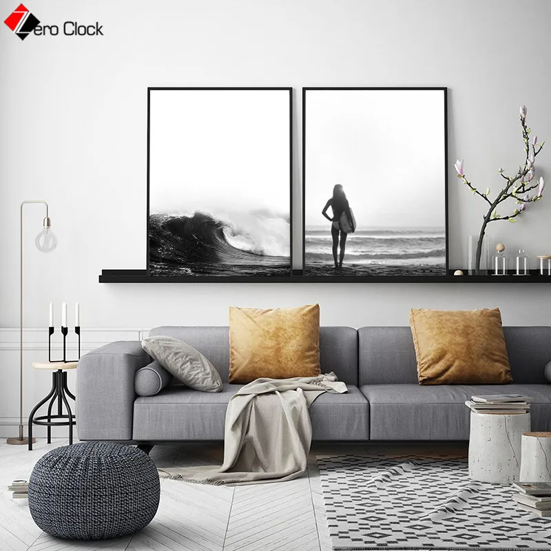 Морской пейзаж настенный плакат с изображением океана и воды черно белый цвет