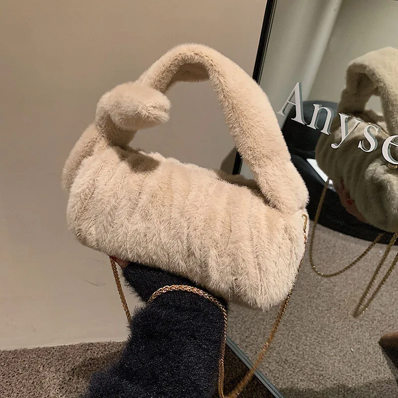 

Emerald Autumn And Winter Plush Portable Handbag Female New Trend Fashion Folding Shoulder Bag Simple Chain Messenger Bag