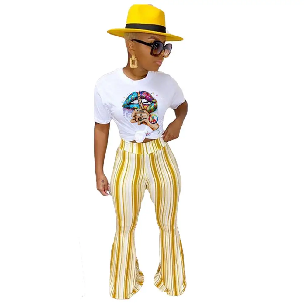 

women casual two piece set T shirt and striped flare pant bell bottom pant two piece suit