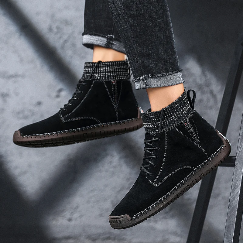 Модные зимние мужские замшевые ботильоны из коровьей кожи теплые плюшевые
