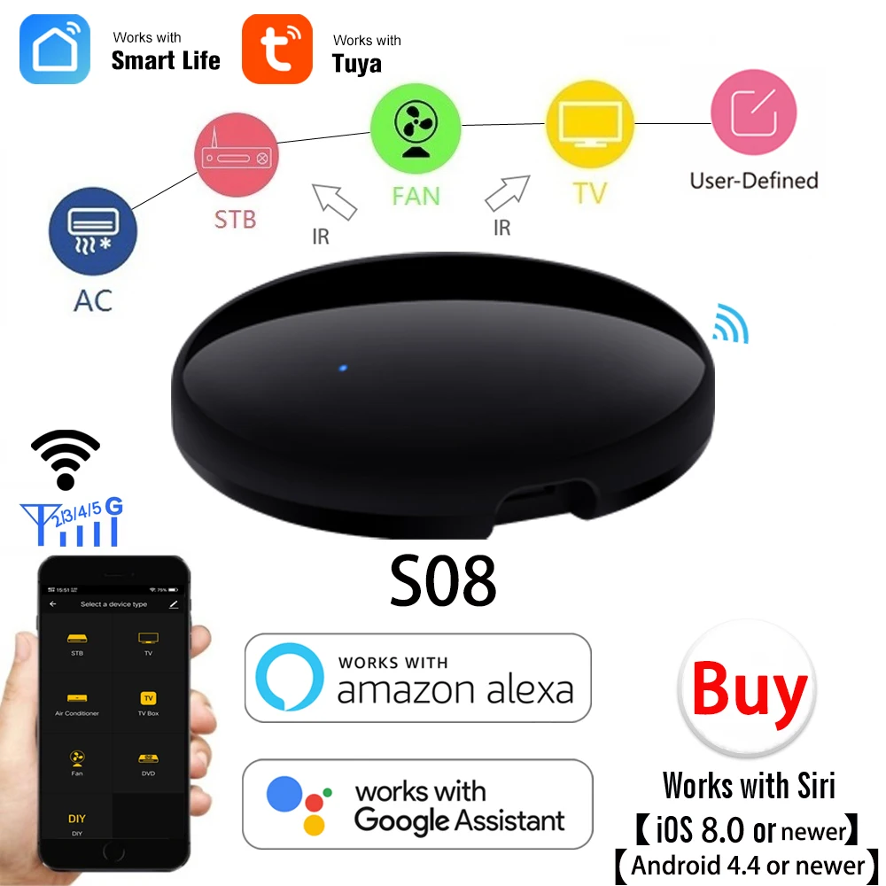 Tuya Wifi умный ИК пульт дистанционного управления совместим с Alexa Google Home дом