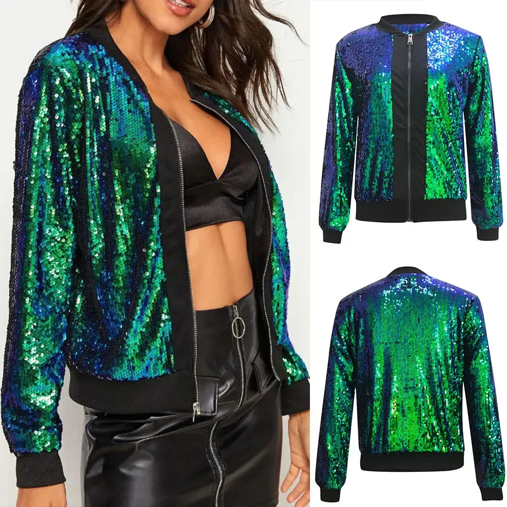 Женская Повседневная Туника на молнии Зеленый Свободный кардиган с блестками и