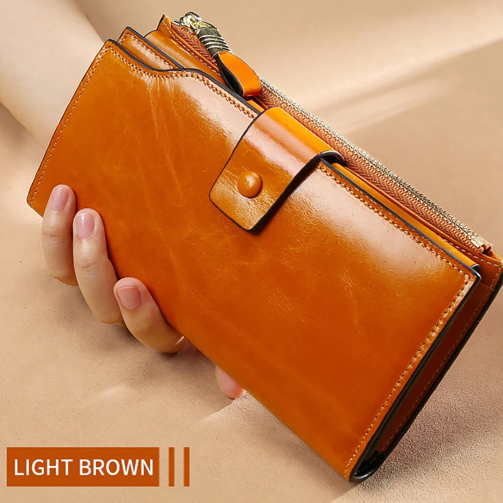 RFID Blocking Genuine Leather Women Wallet Long Lady Leather Purse Brand Design Luxury Oil Wax Leather Female Wallet Coin Purse