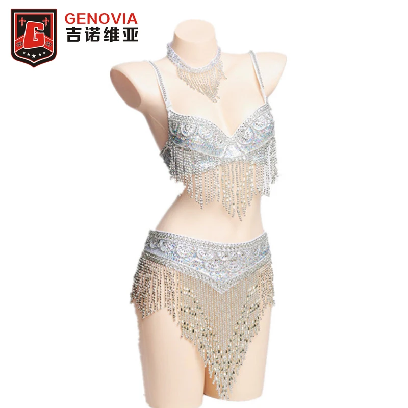 Женский костюм для танца живота, комплект из 3 предметов, бюстгальтер, пояс и ожерелье, Золотой/Серебряный топ с бусинами