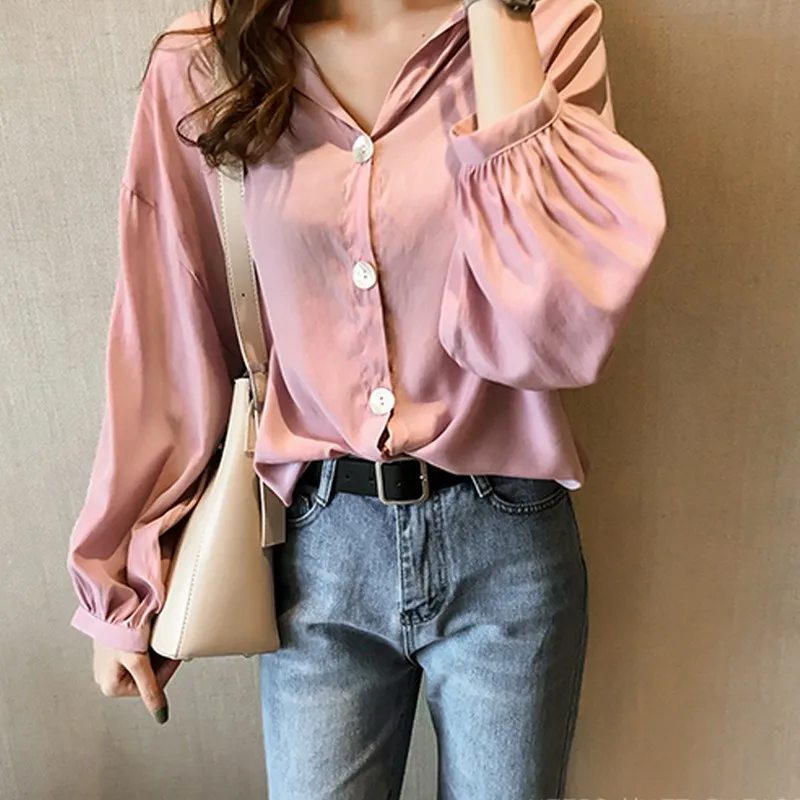 

New Autumn Shirts Turn-down Collar Solid Color Fashion Women Tops and Blouses Office Ladies Loose Long Sleeve Casual Blouse