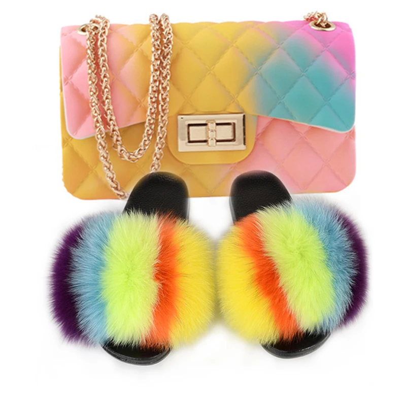 

Women Real Fox Fur Slippers Matte Jelly Bags Sets Colorful Bags Sets Travel Fluffy Fur Slides Furry Fur Sandals Match Purse Sets