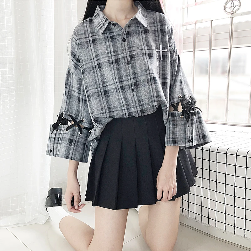 

Spring Autumn Plaid Blouse Girl Japanese Harajuku Hollow Out Splicing Sleeve Shirt Women Black Gray Outer Jacket Student Tops
