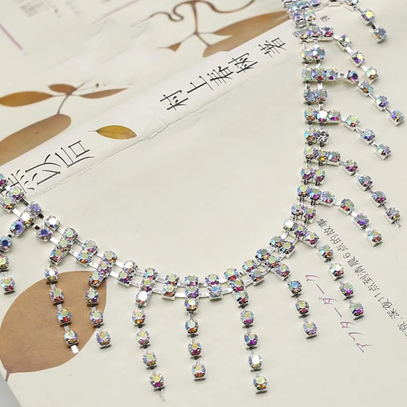 

10Yards Glitter AB Glass Rhinestones Fringe Chain Sew On Crystal Tassesl Trim Strass Applique for Jewelry Necklace