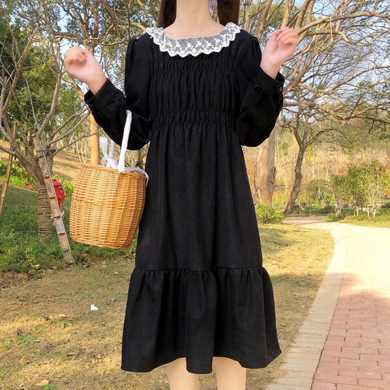 

One Piece Korea Dress Women Spring College Style Lotus Leaf Lace Collar Black Red High Waist Dresses Sweet Cute Youth Girl Dress