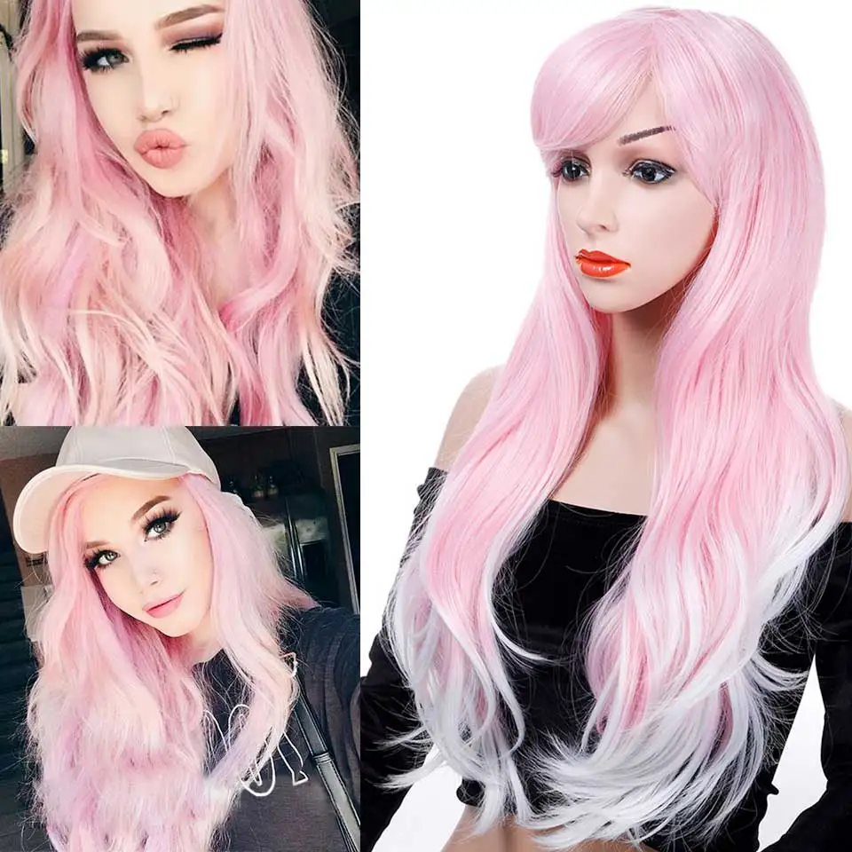 Лолита косплей милые длинные волнистые синтетические парики Розовый Белый Ombre с