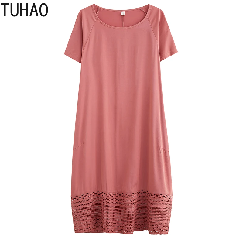 

TUHAO summer Cotton Linen Plus Size Vintage Hollow Out Women Casual Loose Long Summer Dress Plus Size Elegant Ladies DressesWM72