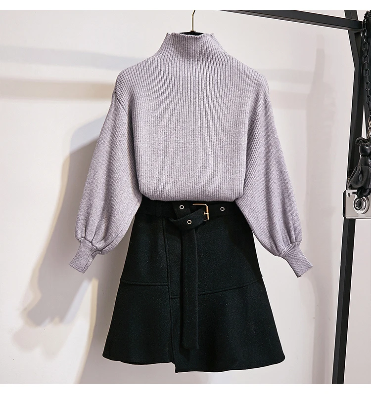 New Winter Pullover Sweater& Woolen Cloth Lantern Sleeve Knitted Top Irregular Skirt Suit With Belt Outfit Casaul Clothes