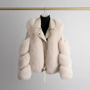 Женская шуба из натуральной кожи, с поясом и лисьим мехом